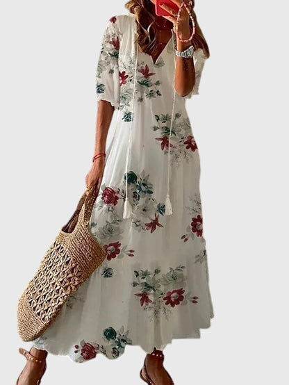 Eleanor | Women’s Printed V Neck Tassel Maxi Dress