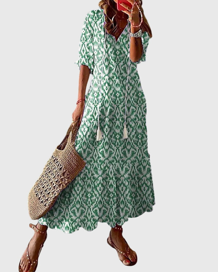 Eleanor | Women’s Printed V Neck Tassel Maxi Dress