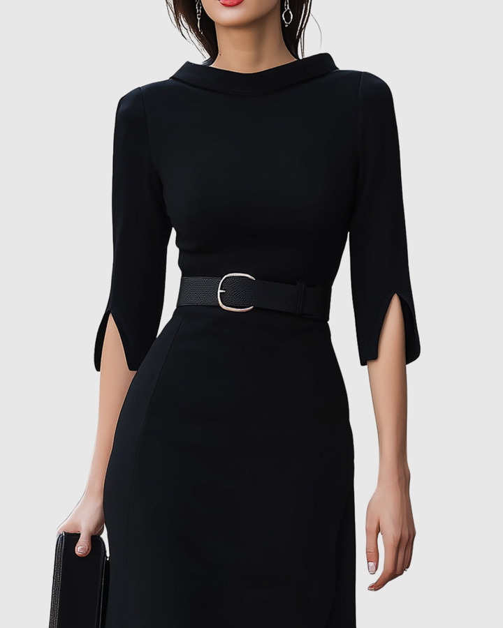 Caroline | Womens Elegant Belted Midi Dress