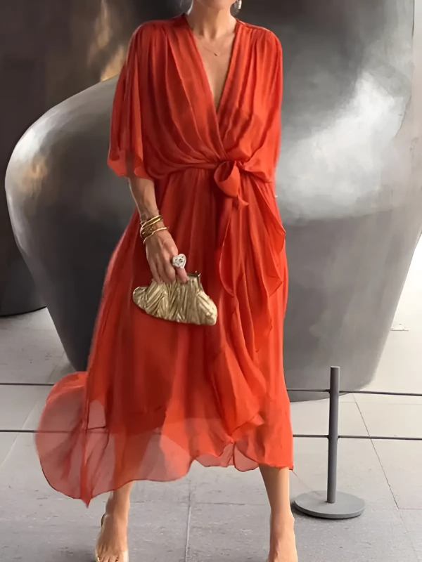 Gabrielle | Women's  Tie Waist Flutter Sleeve Midi Dress
