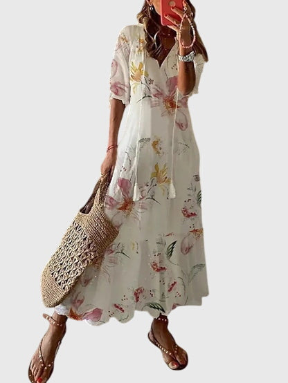 Eleanor | Women’s Printed V Neck Tassel Maxi Dress