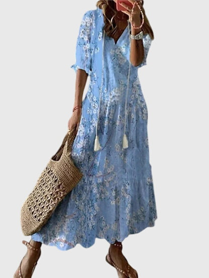 Eleanor | Women’s Printed V Neck Tassel Maxi Dress