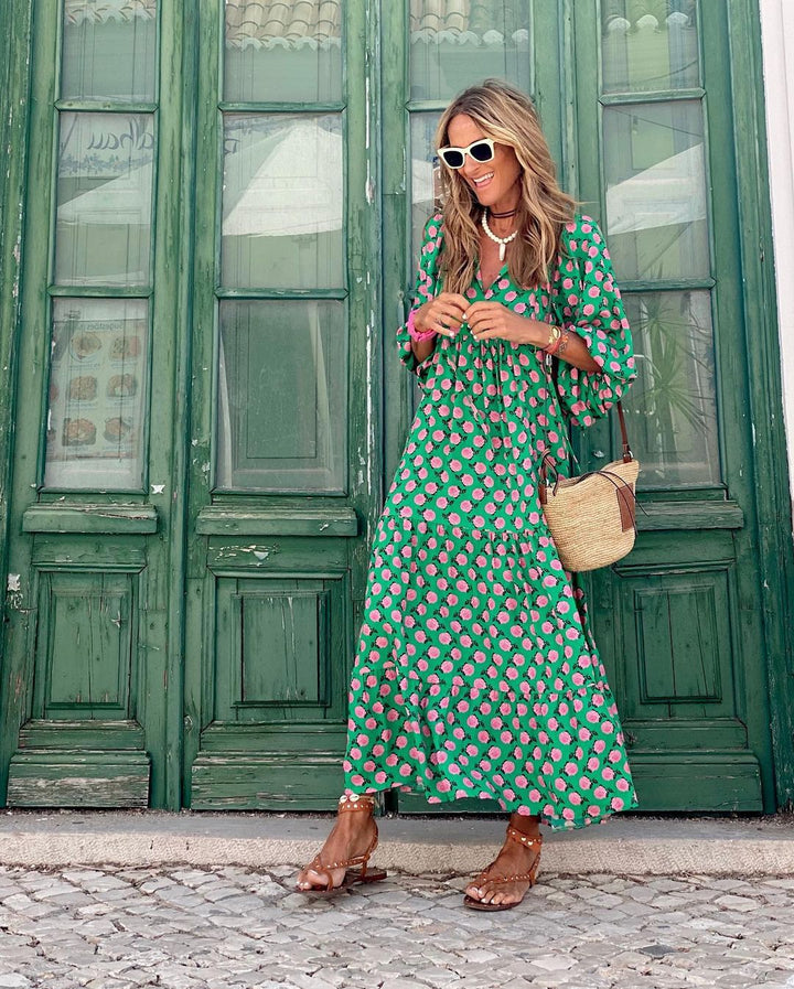 Alice | Women’s Printed V Neck Flowy Maxi Dress