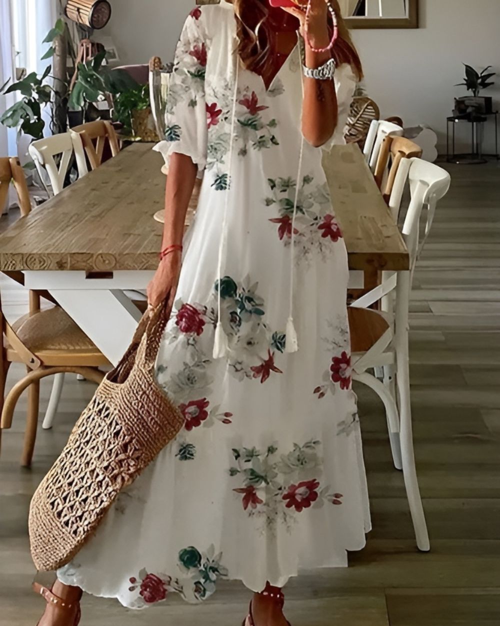 Daisy | Women’s Printed Tassel V Neck Maxi Dress