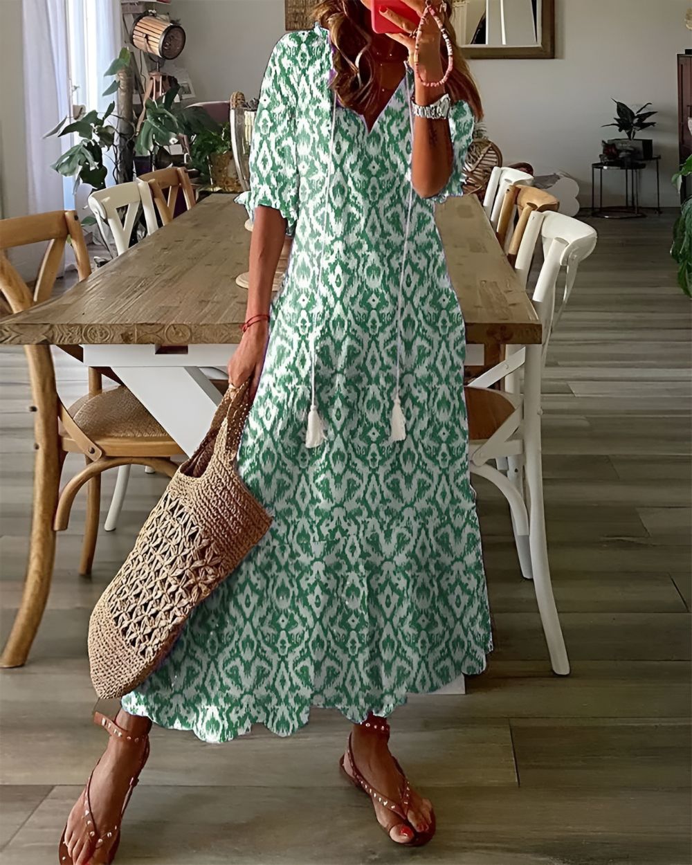 Daisy | Women’s Printed Tassel V Neck Maxi Dress