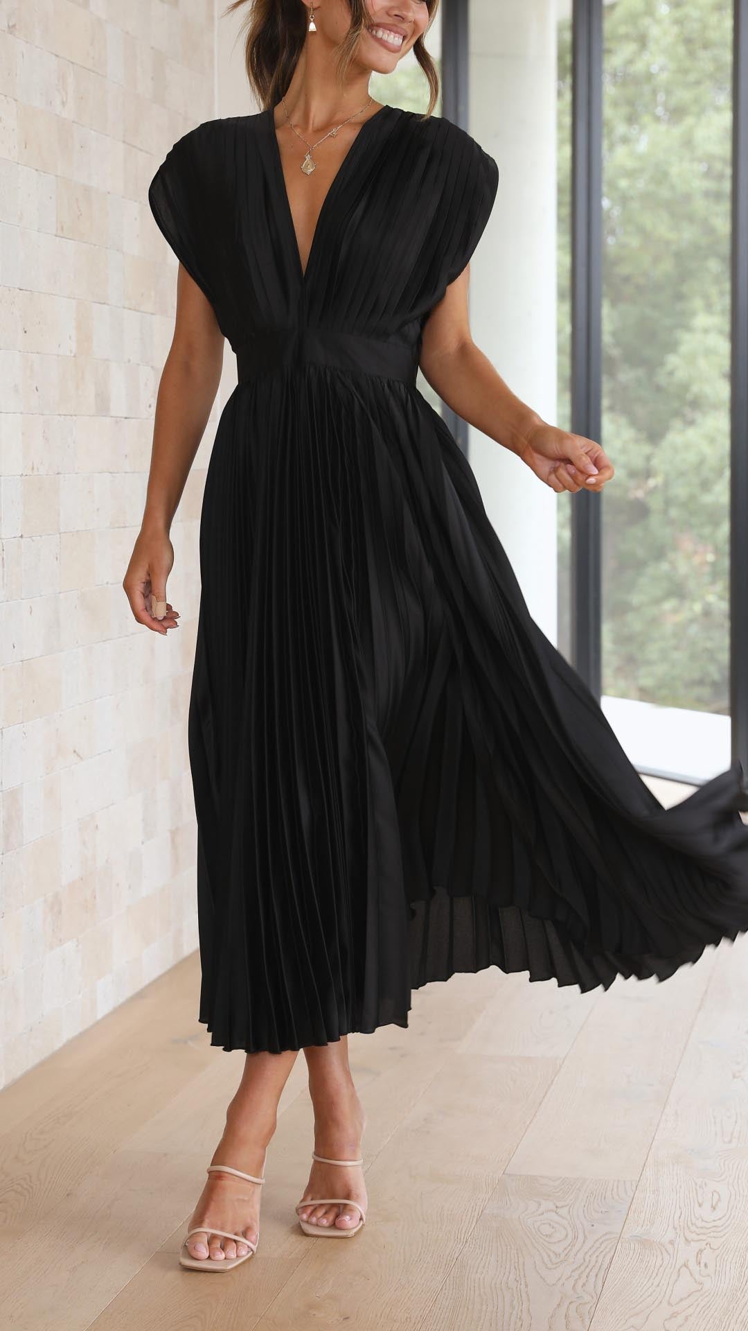 Olivia | Women Elegant Deep V Pleated Midi Dress