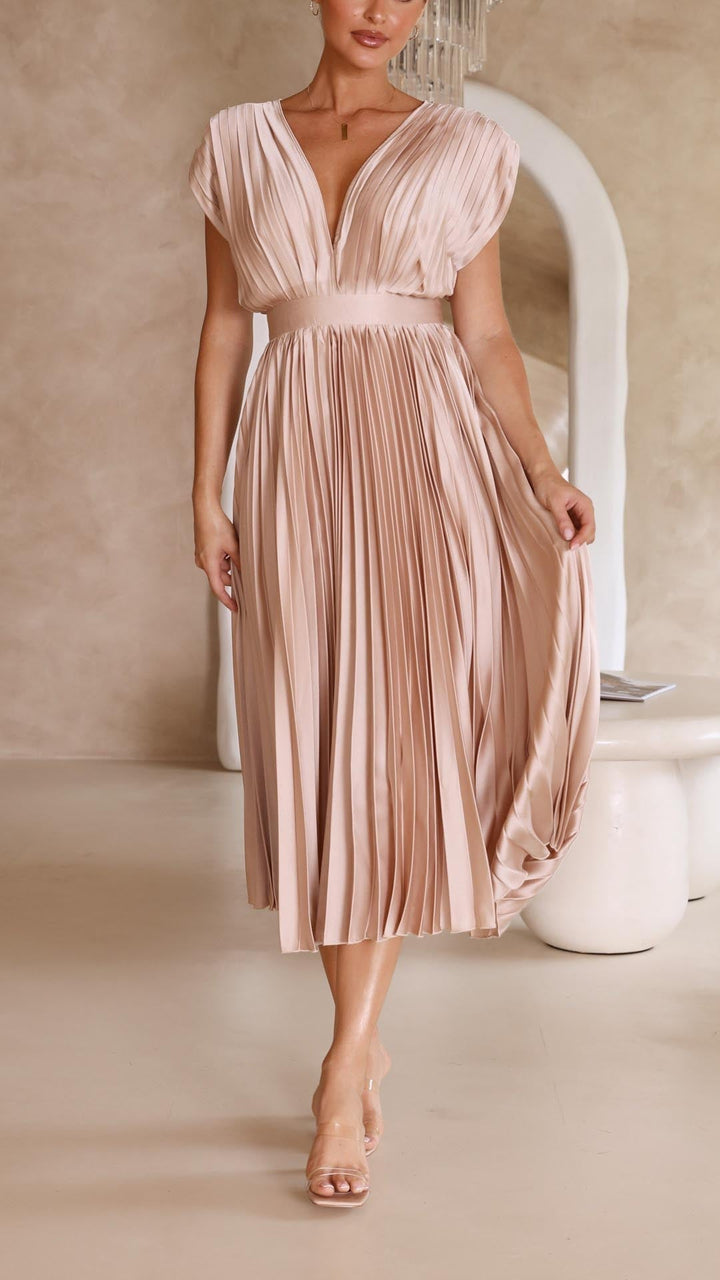 Olivia | Women Elegant Deep V Pleated Midi Dress
