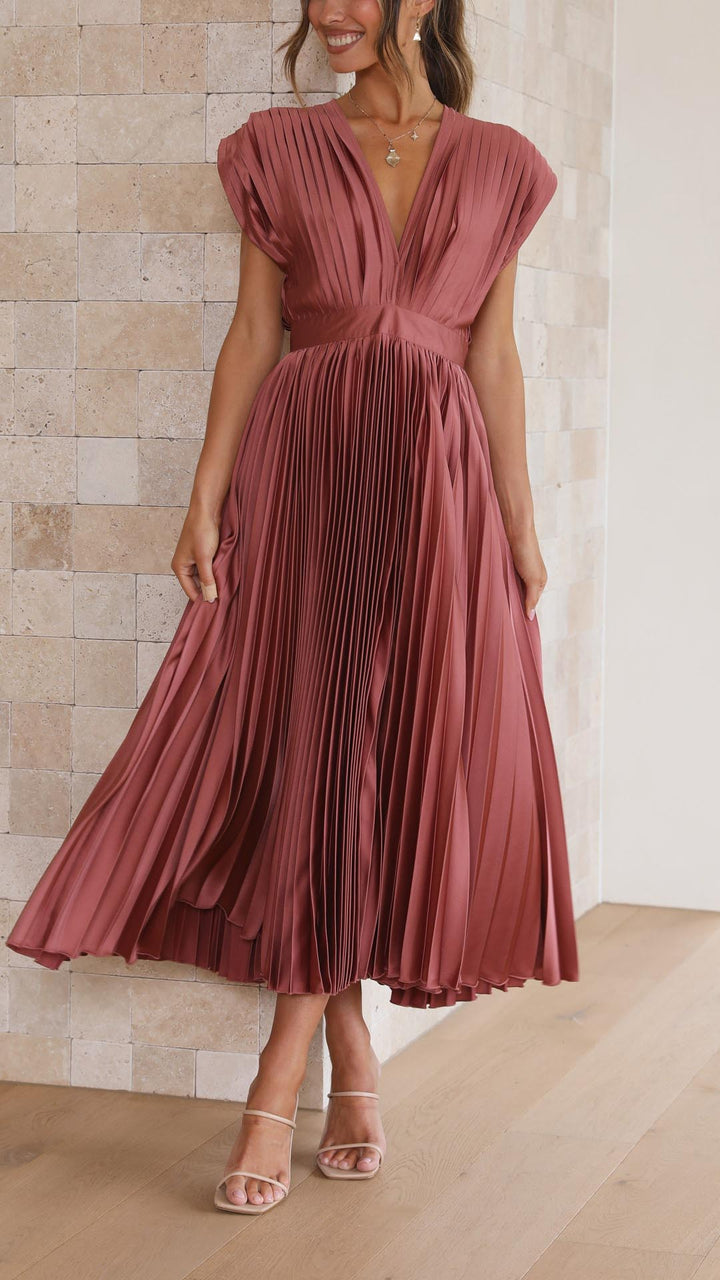 Olivia | Women Elegant Deep V Pleated Midi Dress