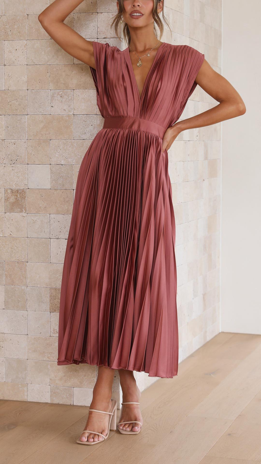 Olivia | Women Elegant Deep V Pleated Midi Dress