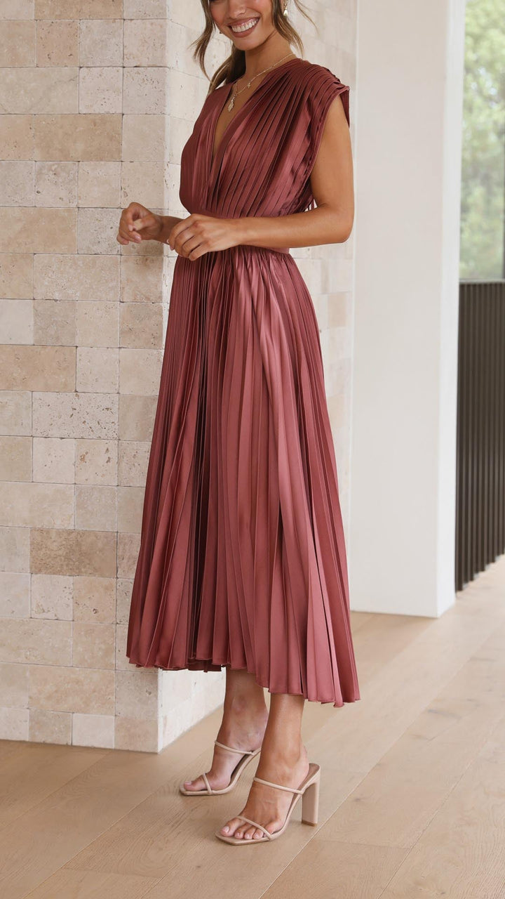 Olivia | Women Elegant Deep V Pleated Midi Dress