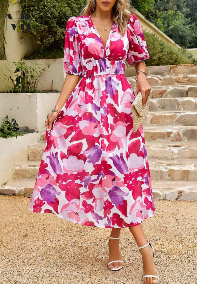 Paige | Women Colorful Floral V Neck Midi Dress