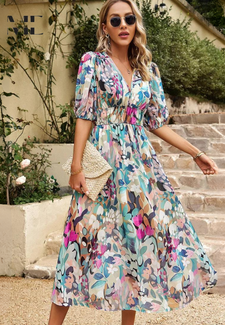 Paige | Women Colorful Floral V Neck Midi Dress