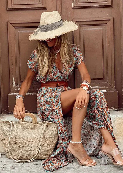 Claire | Women’s Printed V Neck Split Maxi Dress