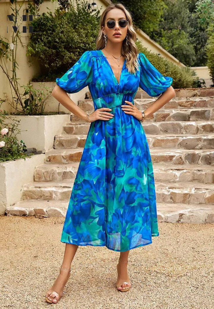 Evelyn | Women's Floral V Neck Midi Wedding Guest Dress