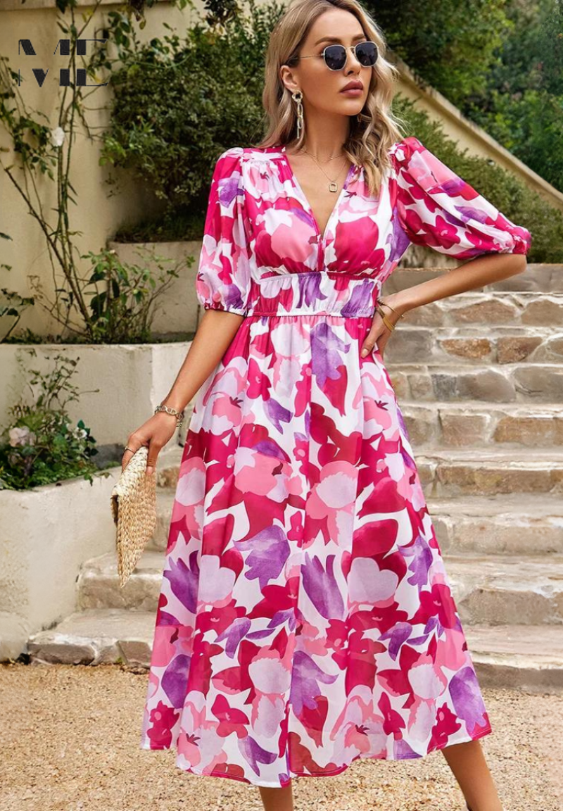 Evelyn | Women's Floral V Neck Midi Wedding Guest Dress