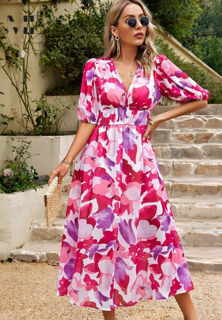 Evelyn | Women's Floral V Neck Midi Wedding Guest Dress