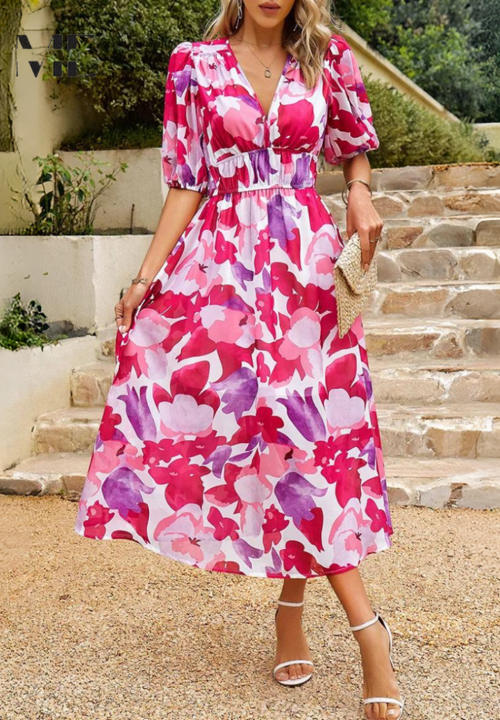 Evelyn | Women's Floral V Neck Midi Wedding Guest Dress