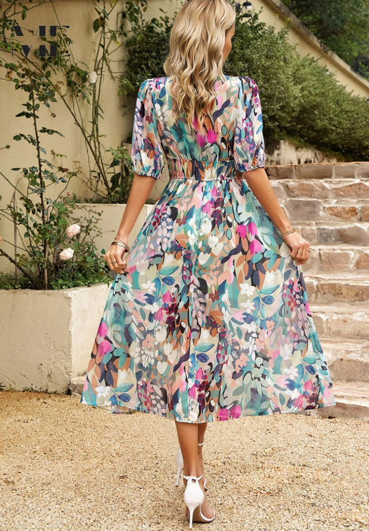 Evelyn | Women's Floral V Neck Midi Wedding Guest Dress