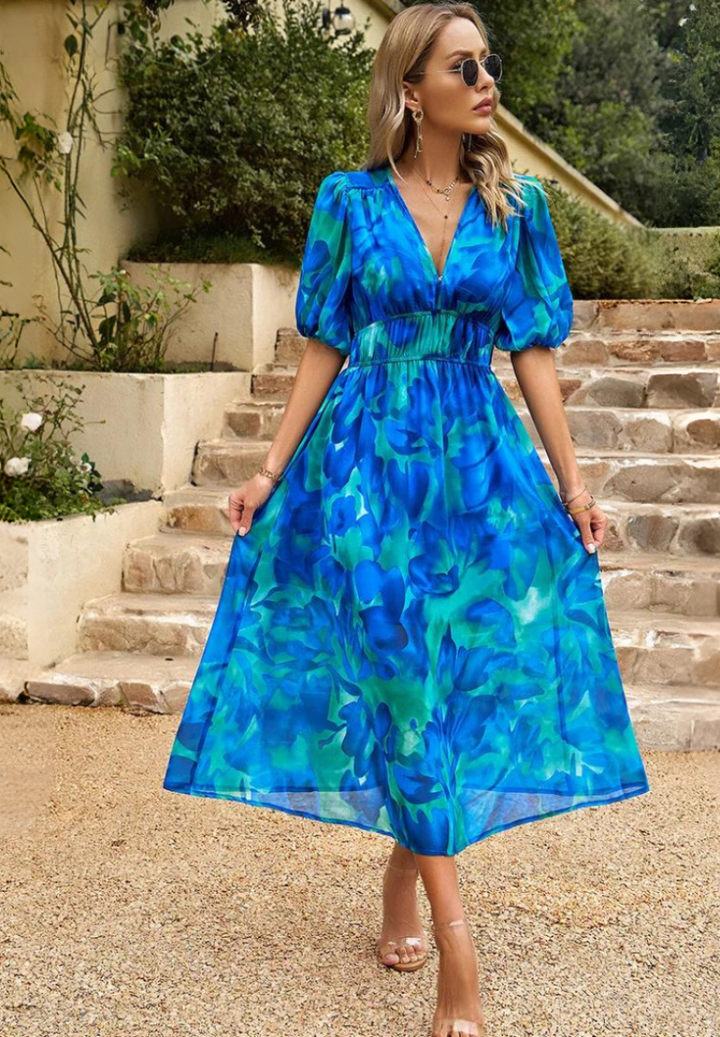 Evelyn | Women's Floral V Neck Midi Wedding Guest Dress