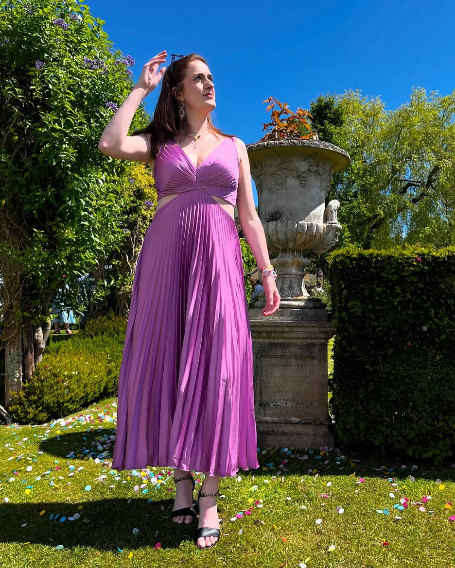 Emily | Women's Pleated Cutout Waist Midi Wedding Guest Dress