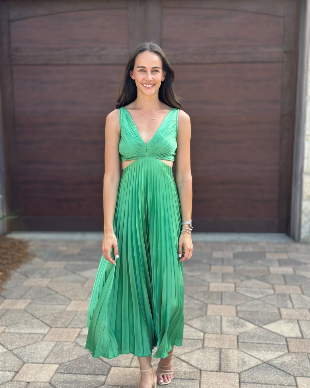 Emily | Women's Pleated Cutout Waist Midi Wedding Guest Dress