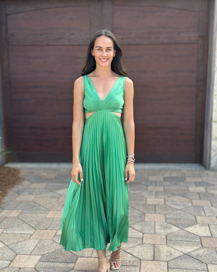 Emily | Women's Pleated Cutout Waist Midi Wedding Guest Dress