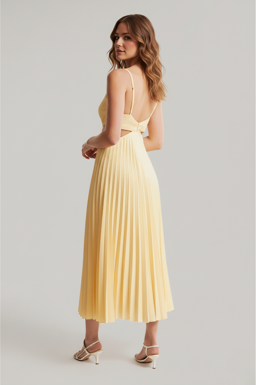 Emily | Women's Pleated Cutout Waist Midi Wedding Guest Dress