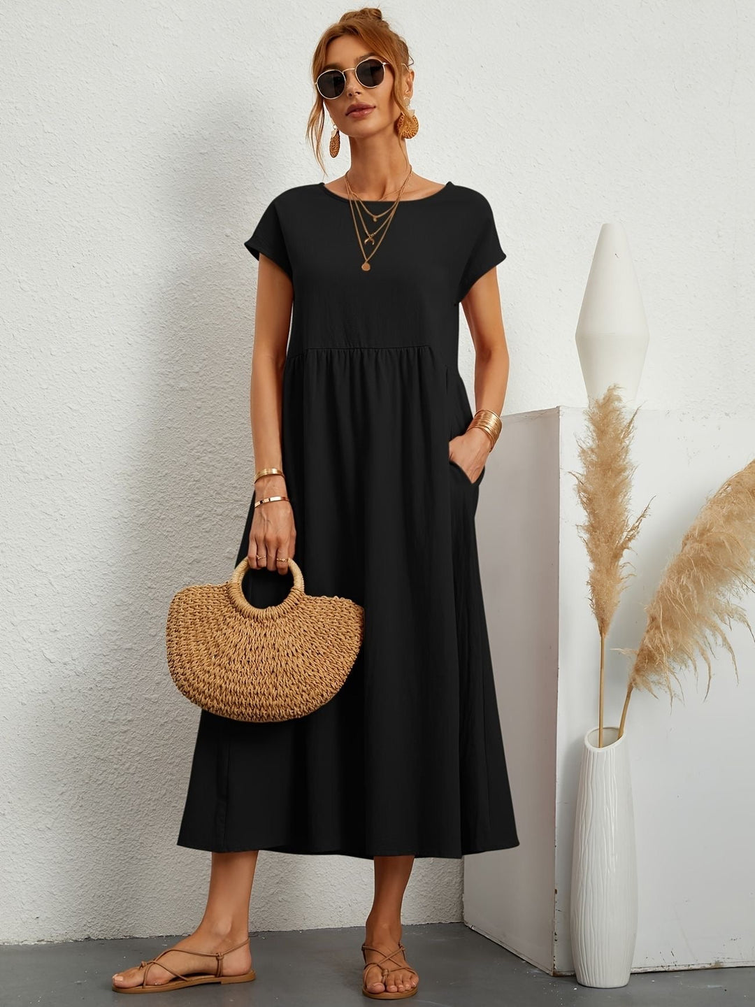 Eleanor | Women's Short Sleeve Loose Midi Pocket Dress