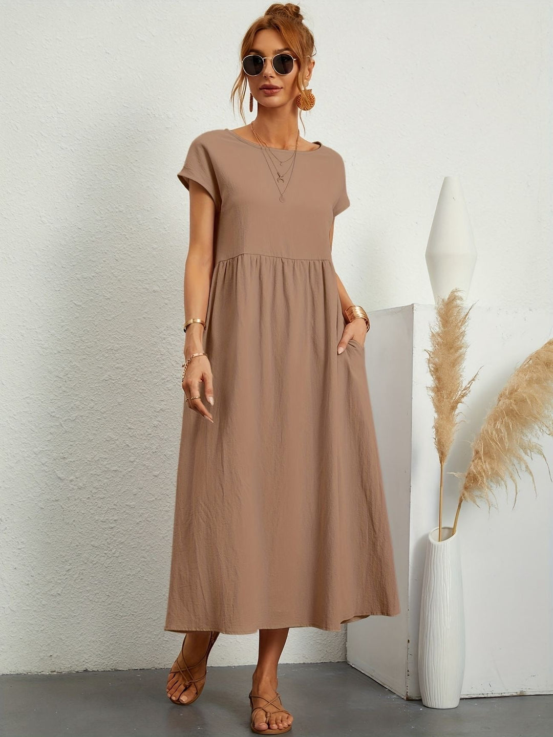 Eleanor | Women's Short Sleeve Loose Midi Pocket Dress