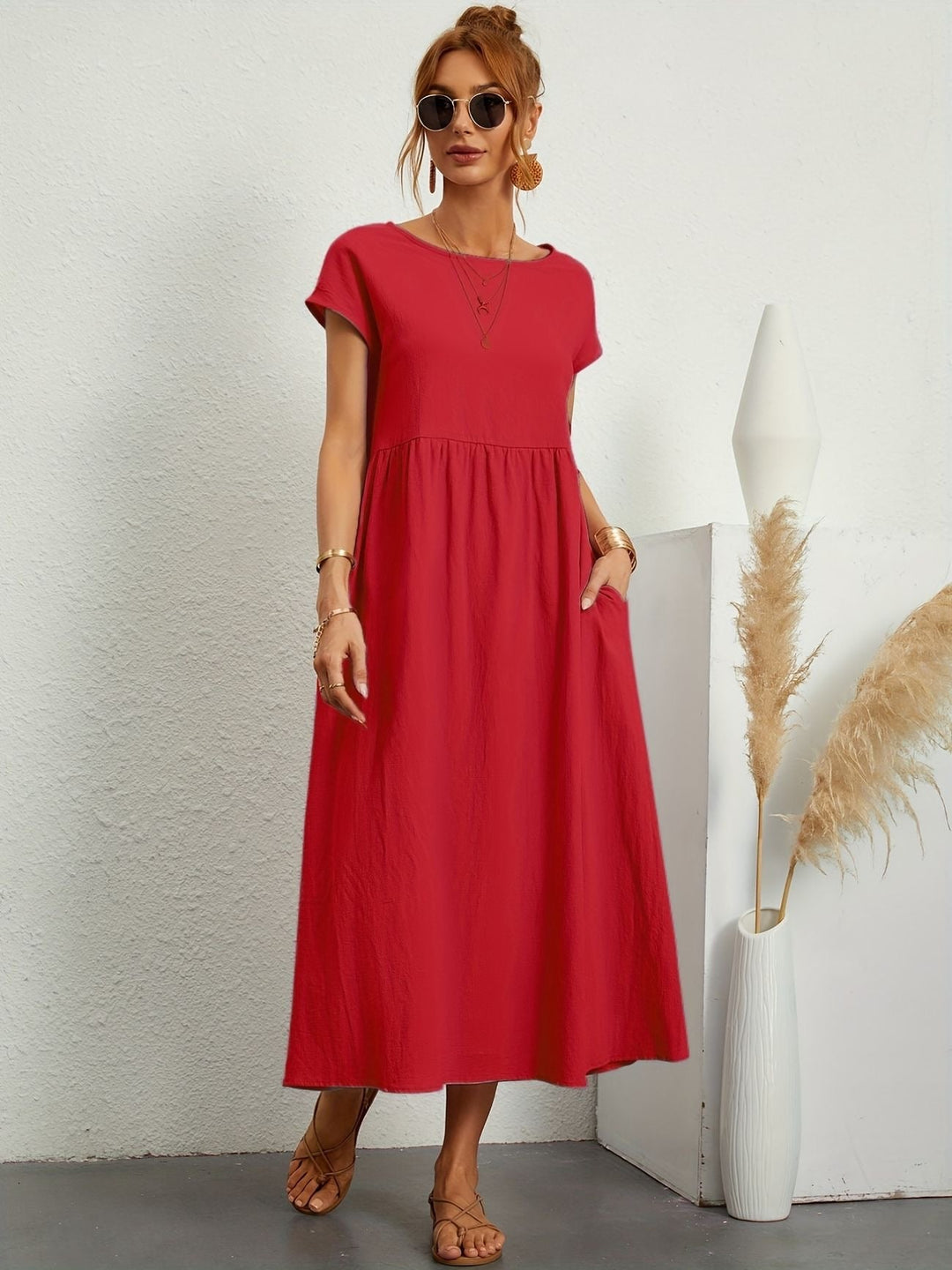 Eleanor | Women's Short Sleeve Loose Midi Pocket Dress