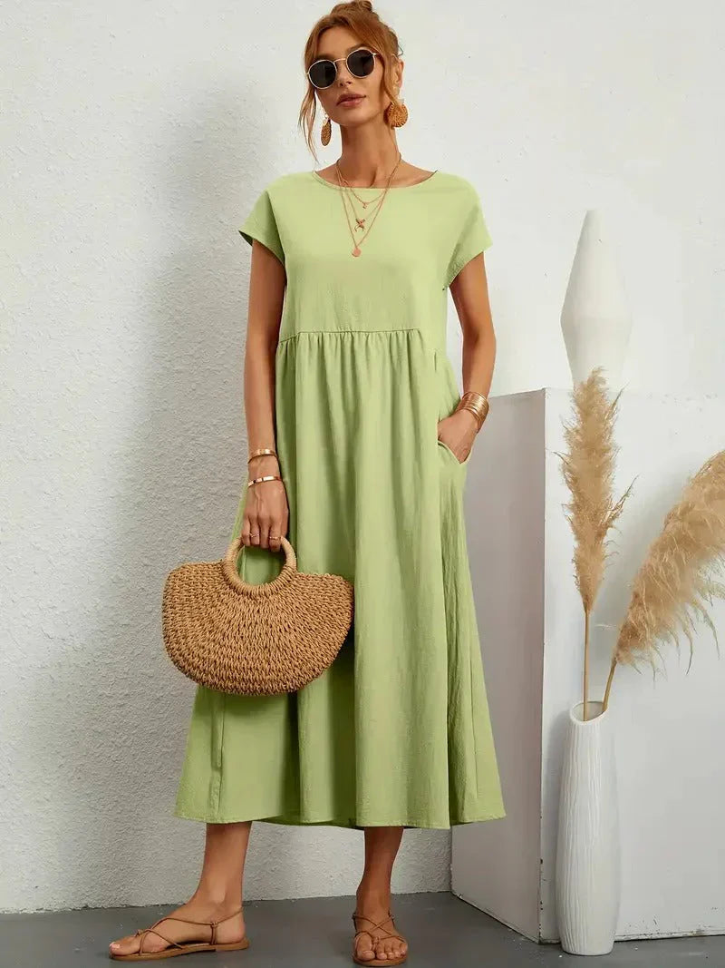 Eleanor | Women's Short Sleeve Loose Midi Pocket Dress